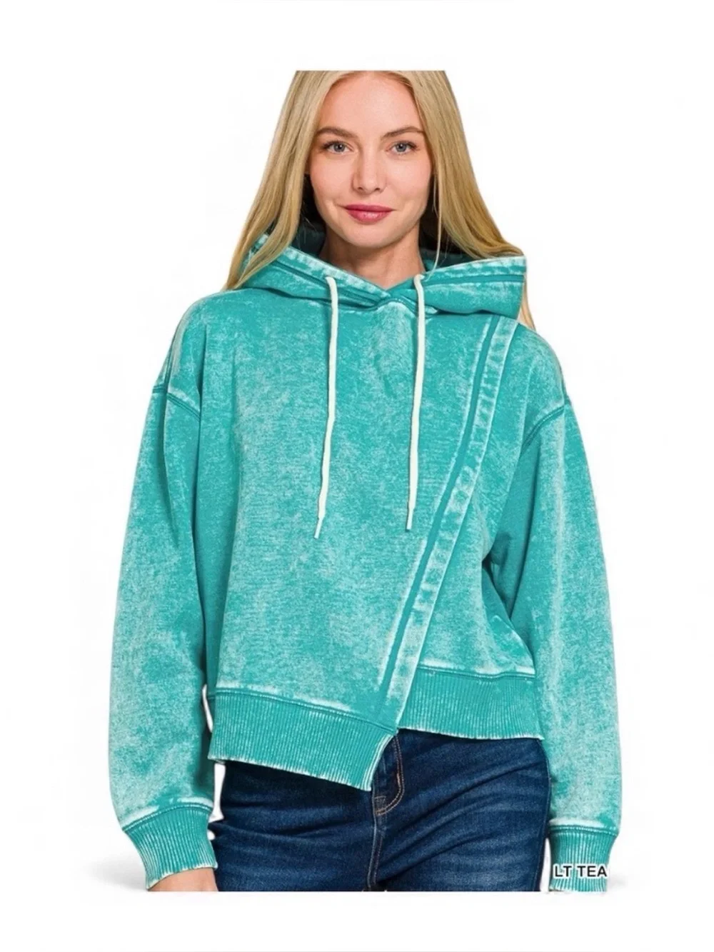 Zenana Acid Wash Hoodie Palazzo Pants Matching Set Teal Medium EUC